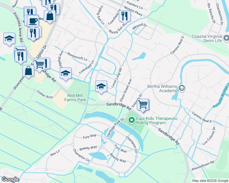 map of restaurants, bars, coffee shops, grocery stores, and more near 2604 Level Loop Road in Virginia Beach