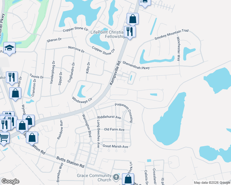map of restaurants, bars, coffee shops, grocery stores, and more near 1408 Kemp Bridge Drive in Chesapeake