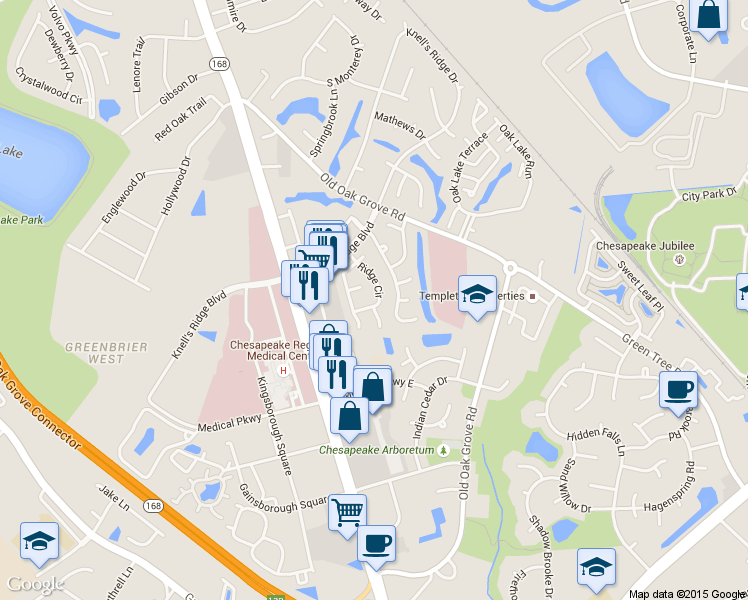 map of restaurants, bars, coffee shops, grocery stores, and more near 729 Ridge Circle in Chesapeake