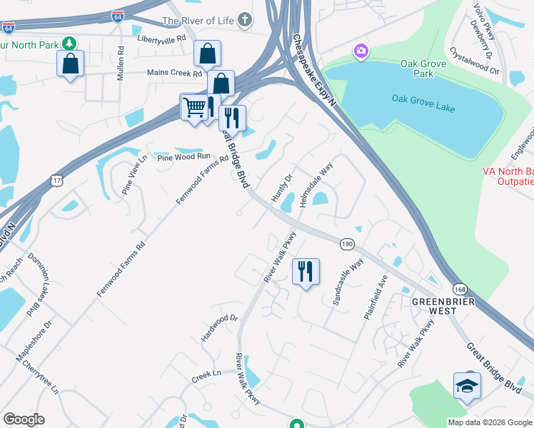 map of restaurants, bars, coffee shops, grocery stores, and more near 640 Estates Way in Chesapeake