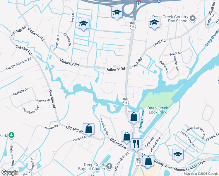 map of restaurants, bars, coffee shops, grocery stores, and more near 301 Weeping Cedar Court in Chesapeake