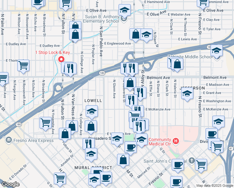 map of restaurants, bars, coffee shops, grocery stores, and more near 394 N Glenn Ave in Fresno