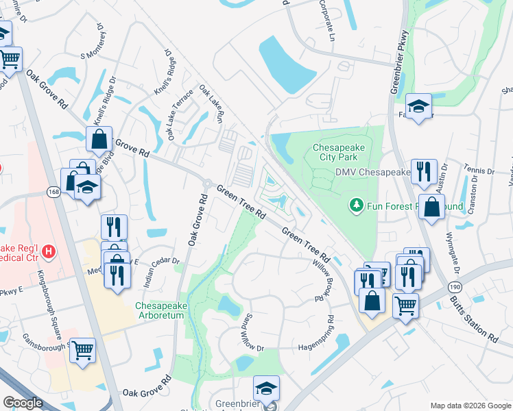 map of restaurants, bars, coffee shops, grocery stores, and more near 428 Blue Beech Way in Chesapeake