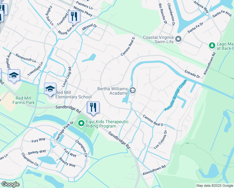 map of restaurants, bars, coffee shops, grocery stores, and more near 2540 Entrada Drive in Virginia Beach