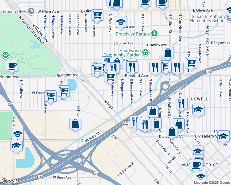 map of restaurants, bars, coffee shops, grocery stores, and more near 354 North Palm Avenue in Fresno