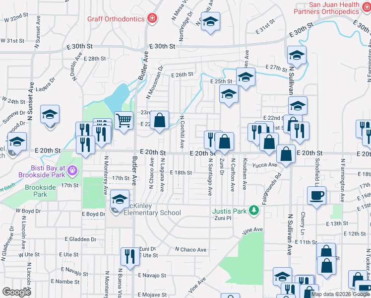 map of restaurants, bars, coffee shops, grocery stores, and more near 2002 North Cochiti Avenue in Farmington