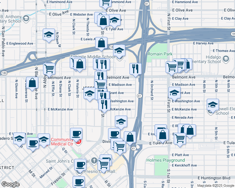 map of restaurants, bars, coffee shops, grocery stores, and more near 2834 East Grant Avenue in Fresno