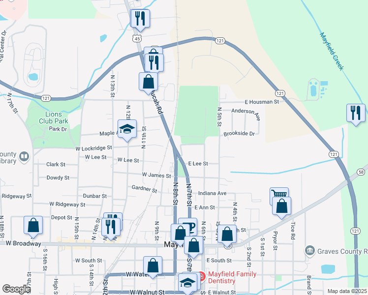 map of restaurants, bars, coffee shops, grocery stores, and more near 100 East Lockridge Street in Mayfield
