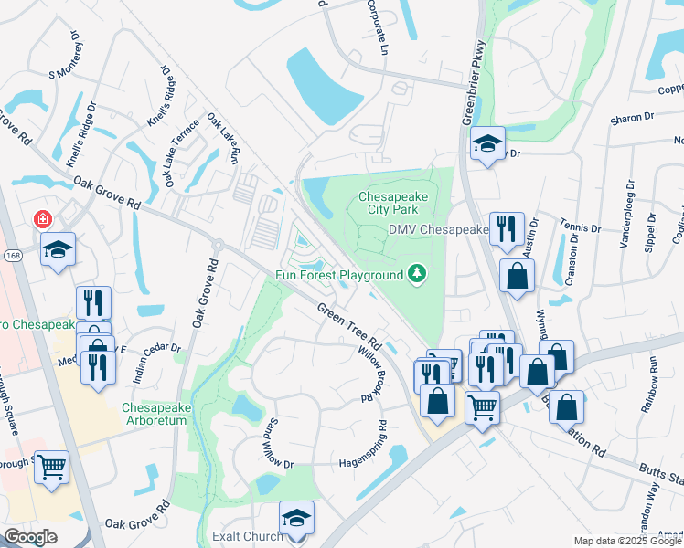 map of restaurants, bars, coffee shops, grocery stores, and more near 526 Sweet Leaf Place in Chesapeake