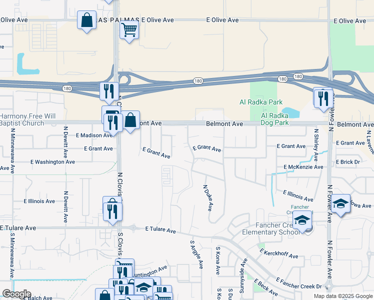 map of restaurants, bars, coffee shops, grocery stores, and more near 391 North Manila Avenue in Fresno