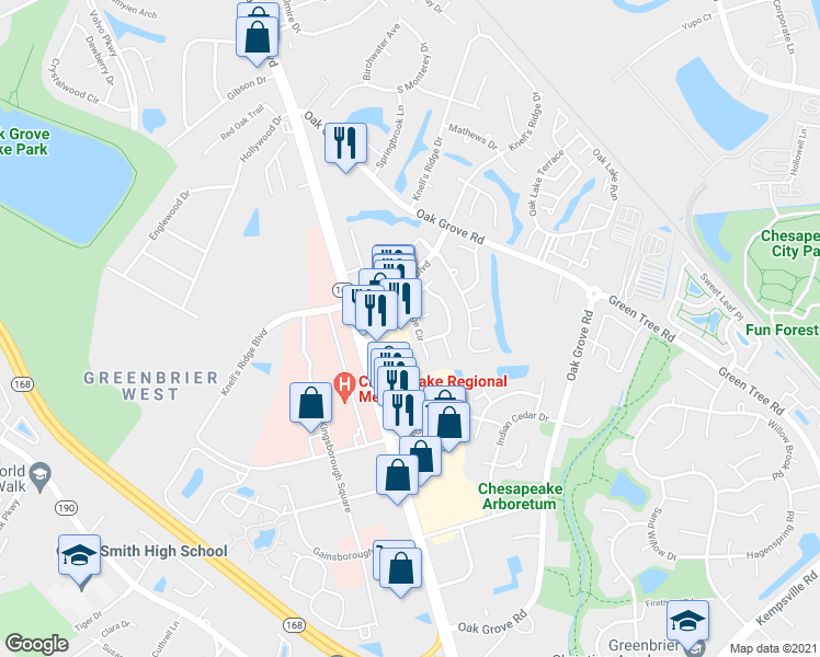 map of restaurants, bars, coffee shops, grocery stores, and more near 650 Ridge Circle in Chesapeake