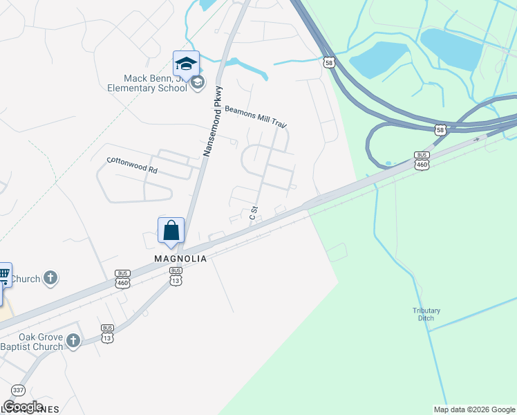 map of restaurants, bars, coffee shops, grocery stores, and more near 115 C Street in Suffolk