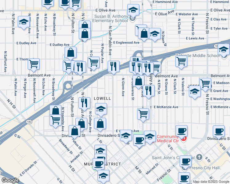 map of restaurants, bars, coffee shops, grocery stores, and more near 394 North San Pablo Avenue in Fresno