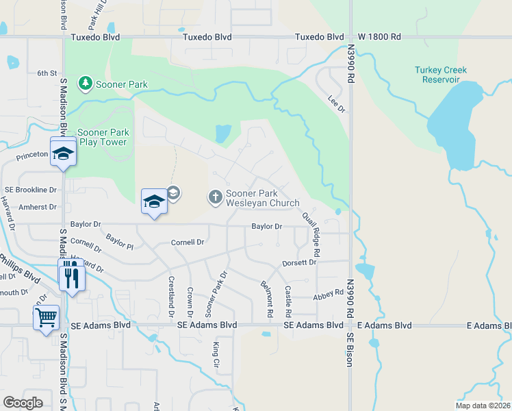 map of restaurants, bars, coffee shops, grocery stores, and more near 6414 Trail Drive in Bartlesville