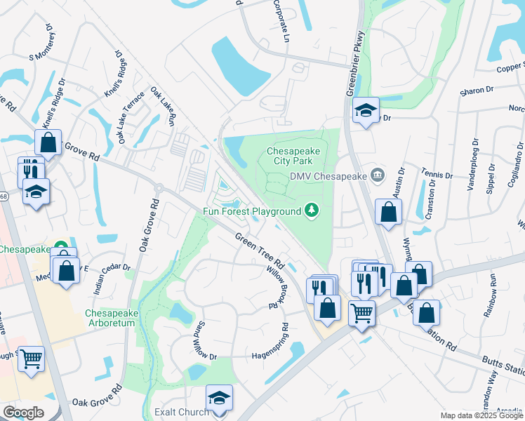 map of restaurants, bars, coffee shops, grocery stores, and more near 523 Sweet Leaf Place in Chesapeake