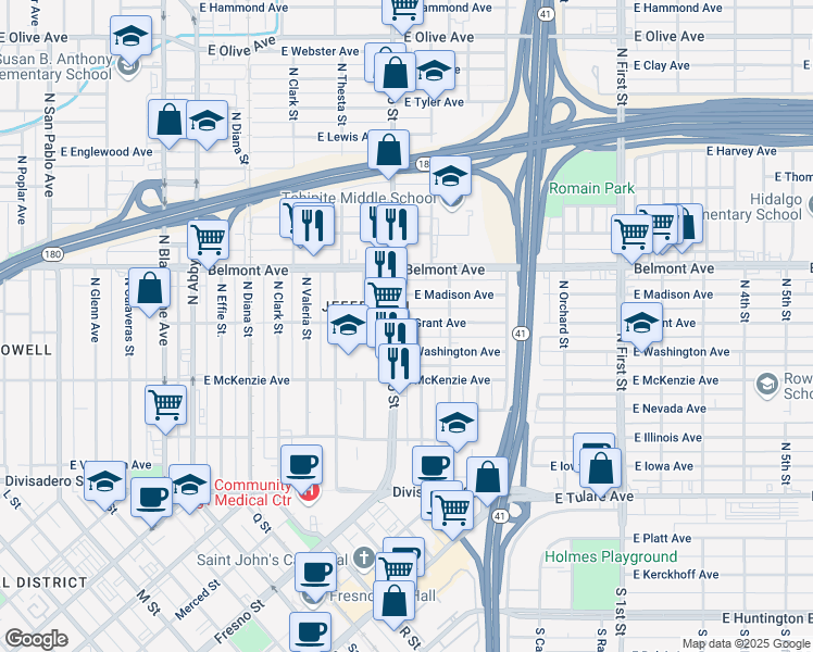 map of restaurants, bars, coffee shops, grocery stores, and more near 2522 East Grant Avenue in Fresno