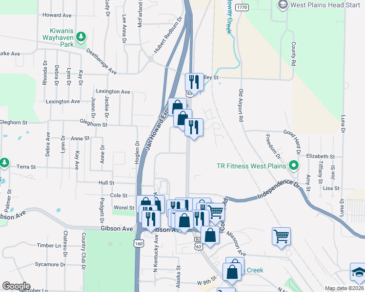 map of restaurants, bars, coffee shops, grocery stores, and more near 13 Burgoyne Drive in West Plains