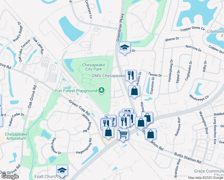 map of restaurants, bars, coffee shops, grocery stores, and more near 912 Lee Shore Court in Chesapeake