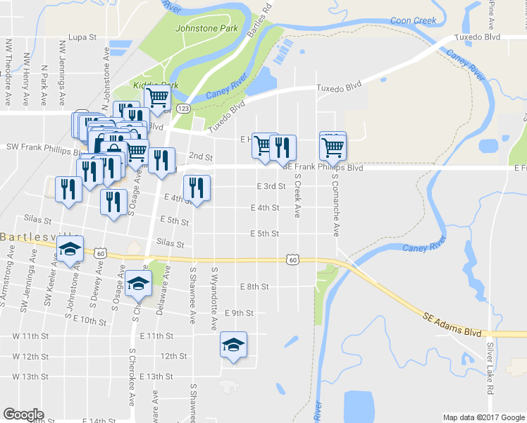map of restaurants, bars, coffee shops, grocery stores, and more near 400 South Choctaw Avenue in Bartlesville