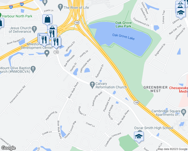 map of restaurants, bars, coffee shops, grocery stores, and more near 612 Sutherland Drive in Chesapeake
