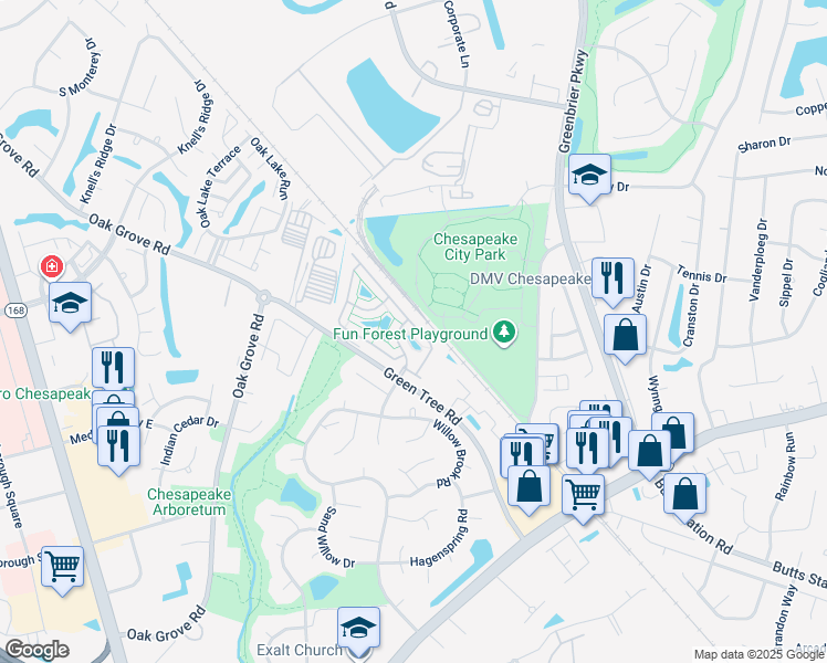 map of restaurants, bars, coffee shops, grocery stores, and more near 526 Sweet Leaf Place in Chesapeake