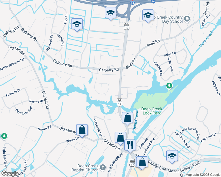 map of restaurants, bars, coffee shops, grocery stores, and more near 426 Weeping Cedar Trail in Chesapeake