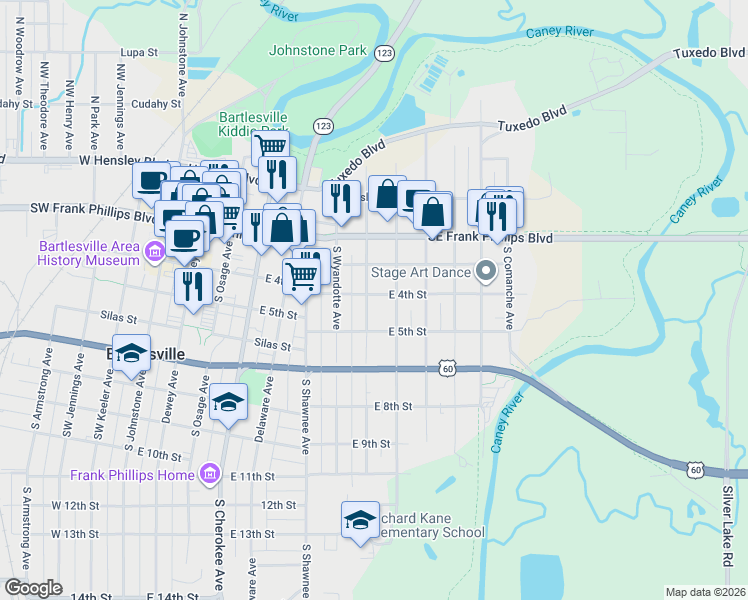 map of restaurants, bars, coffee shops, grocery stores, and more near 400 South Seneca Avenue in Bartlesville