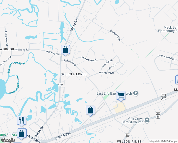 map of restaurants, bars, coffee shops, grocery stores, and more near 304 Applewood Court in Suffolk