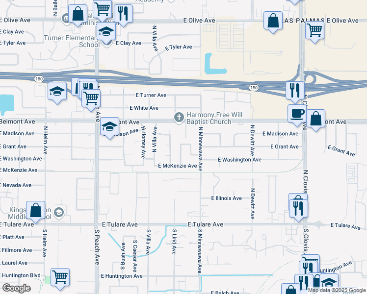 map of restaurants, bars, coffee shops, grocery stores, and more near 5376 East Grant Avenue in Fresno