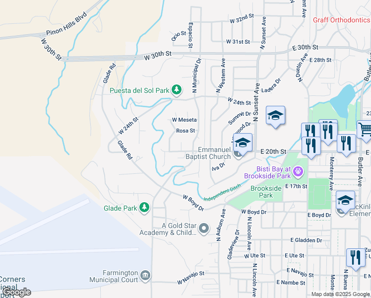 map of restaurants, bars, coffee shops, grocery stores, and more near 2004 Cuervo Place in Farmington