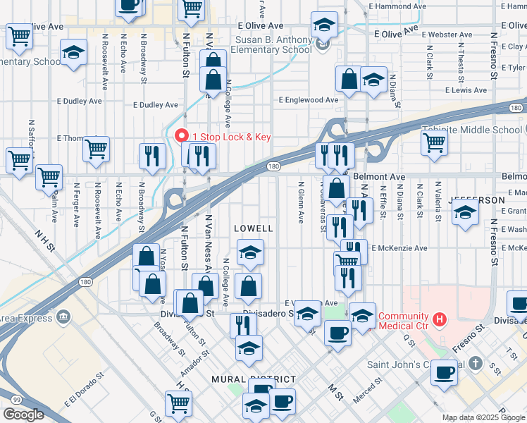 map of restaurants, bars, coffee shops, grocery stores, and more near 402 North Poplar Avenue in Fresno