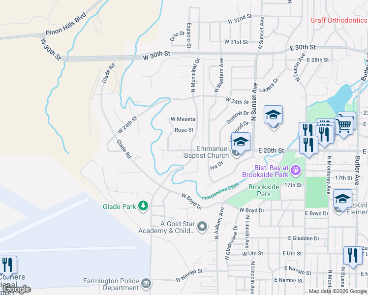 map of restaurants, bars, coffee shops, grocery stores, and more near 2004 Cuervo Place in Farmington