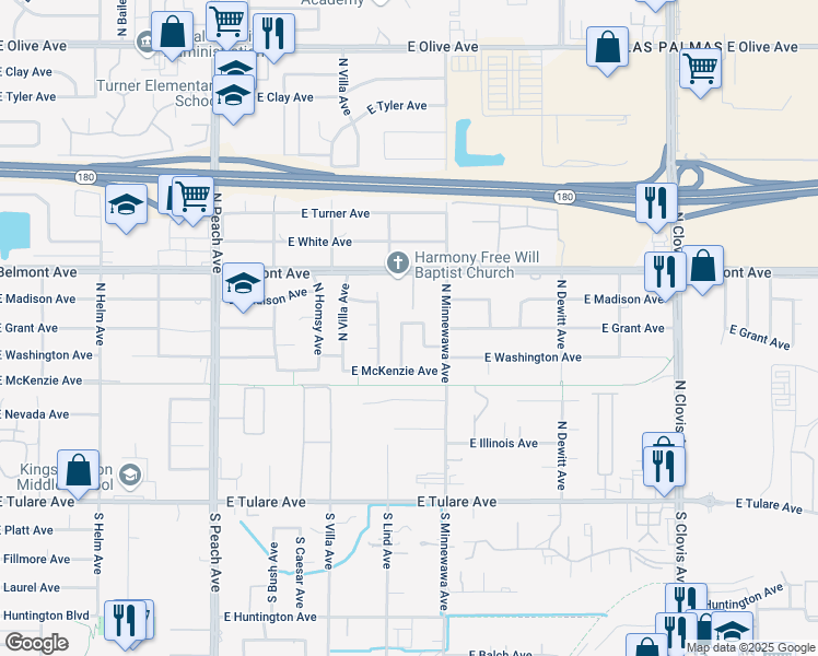 map of restaurants, bars, coffee shops, grocery stores, and more near 5376 East Grant Avenue in Fresno