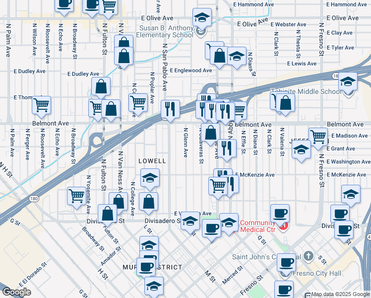 map of restaurants, bars, coffee shops, grocery stores, and more near 394 North Glenn Avenue in Fresno