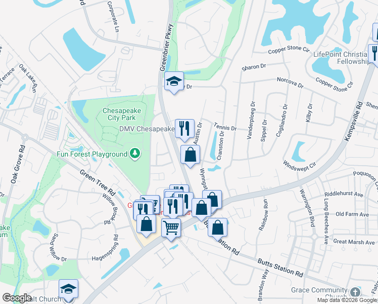 map of restaurants, bars, coffee shops, grocery stores, and more near 1004 Austin Drive in Chesapeake