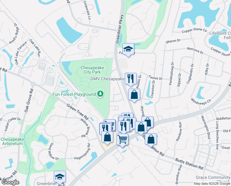 map of restaurants, bars, coffee shops, grocery stores, and more near 912 Lee Shore Court in Chesapeake