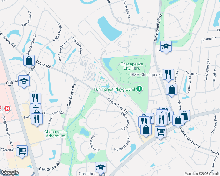 map of restaurants, bars, coffee shops, grocery stores, and more near 518 Silk Tree Lane in Chesapeake