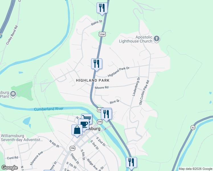 map of restaurants, bars, coffee shops, grocery stores, and more near 561 Moore Road in Williamsburg