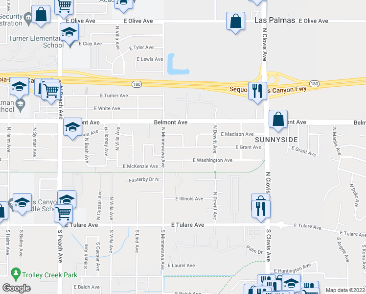 map of restaurants, bars, coffee shops, grocery stores, and more near 5438 East Grant Avenue in Fresno