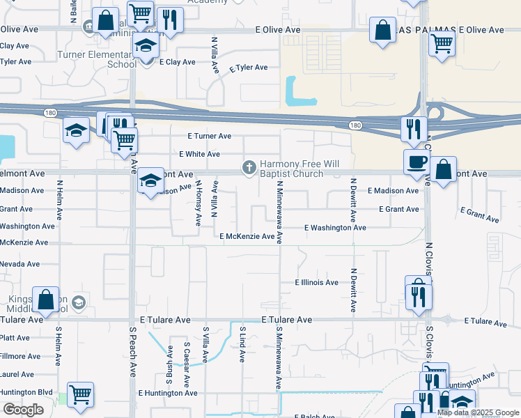 map of restaurants, bars, coffee shops, grocery stores, and more near 5376 East Grant Avenue in Fresno
