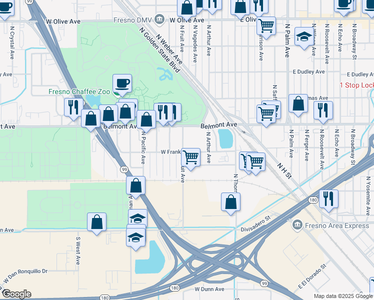 map of restaurants, bars, coffee shops, grocery stores, and more near 438 W Franklin Ave in Fresno
