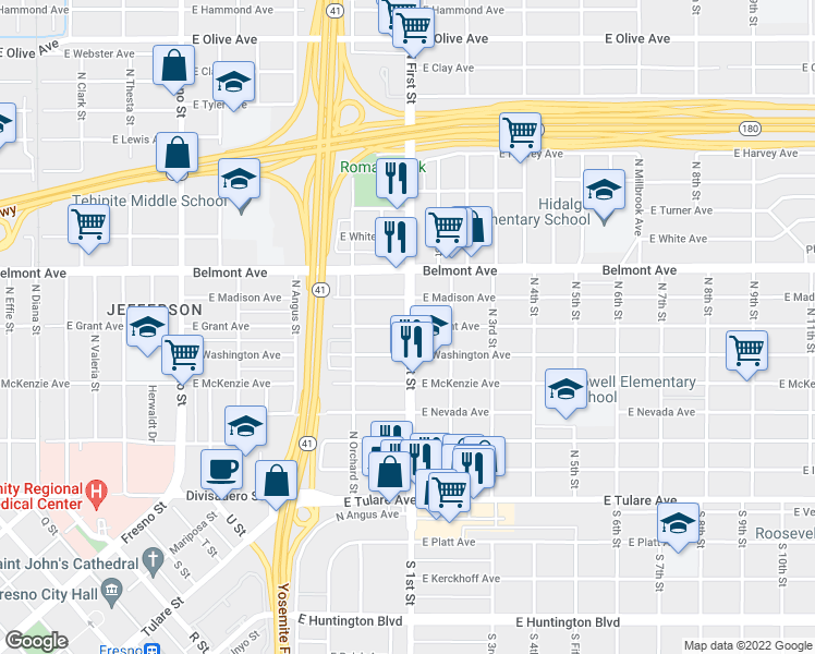 map of restaurants, bars, coffee shops, grocery stores, and more near N 1st St & E Grant Ave in Fresno