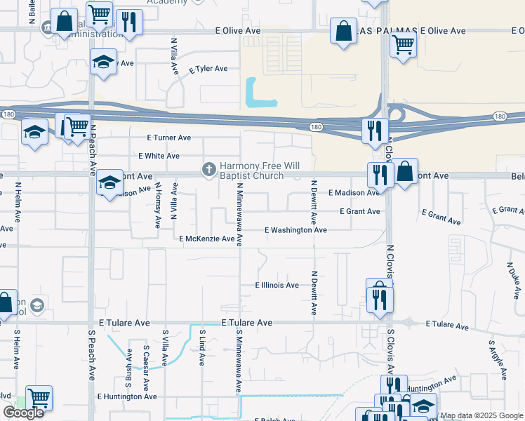 map of restaurants, bars, coffee shops, grocery stores, and more near 5438 East Grant Avenue in Fresno