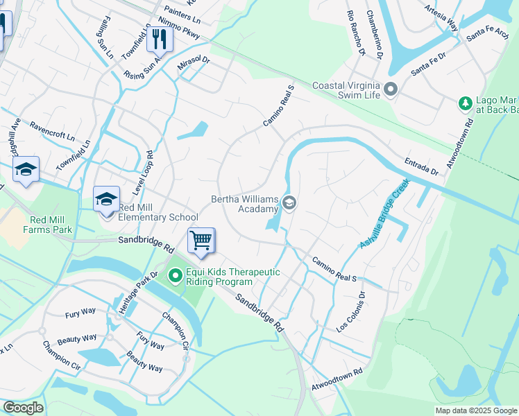map of restaurants, bars, coffee shops, grocery stores, and more near 2540 Entrada Drive in Virginia Beach