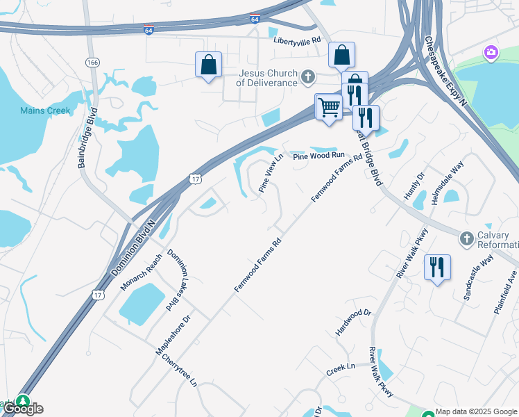 map of restaurants, bars, coffee shops, grocery stores, and more near 306 Cobblewood Arch in Chesapeake
