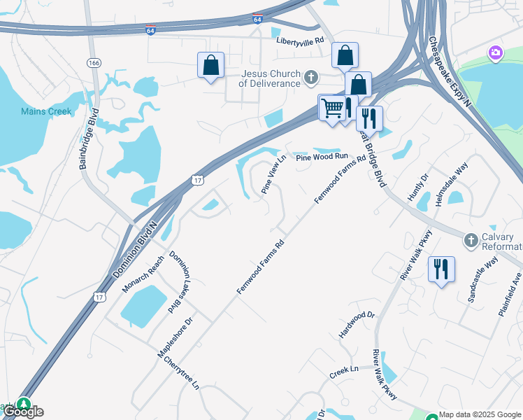 map of restaurants, bars, coffee shops, grocery stores, and more near 306 Cobblewood Arch in Chesapeake