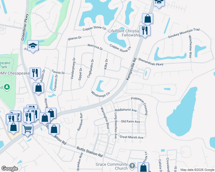 map of restaurants, bars, coffee shops, grocery stores, and more near 1007 Rabbit Run in Chesapeake