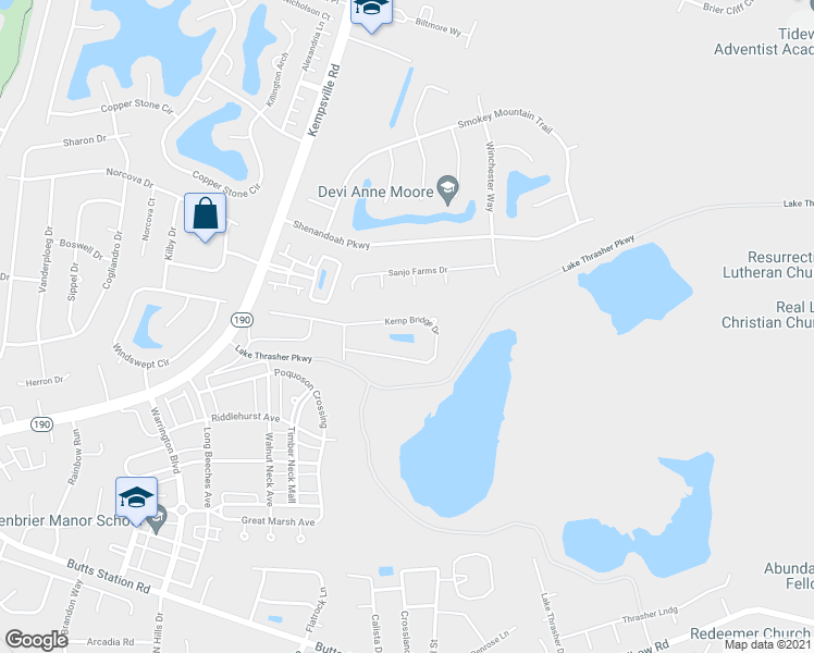 map of restaurants, bars, coffee shops, grocery stores, and more near 1415 Kemp Bridge Drive in Chesapeake
