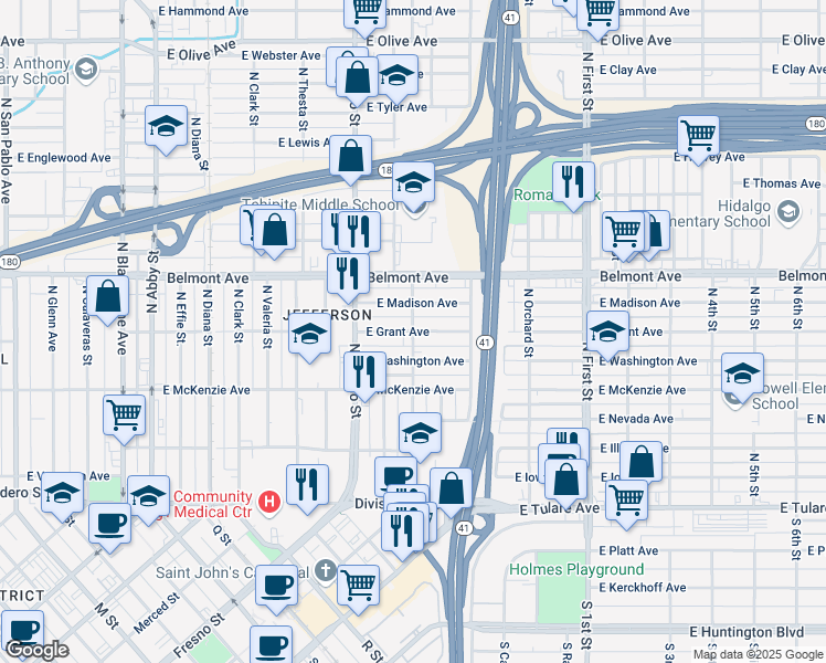 map of restaurants, bars, coffee shops, grocery stores, and more near East Grant Avenue & North Mariposa Street in Fresno