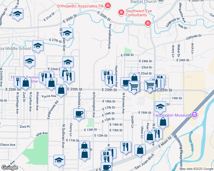 map of restaurants, bars, coffee shops, grocery stores, and more near 2000 North Tucker Avenue in Farmington